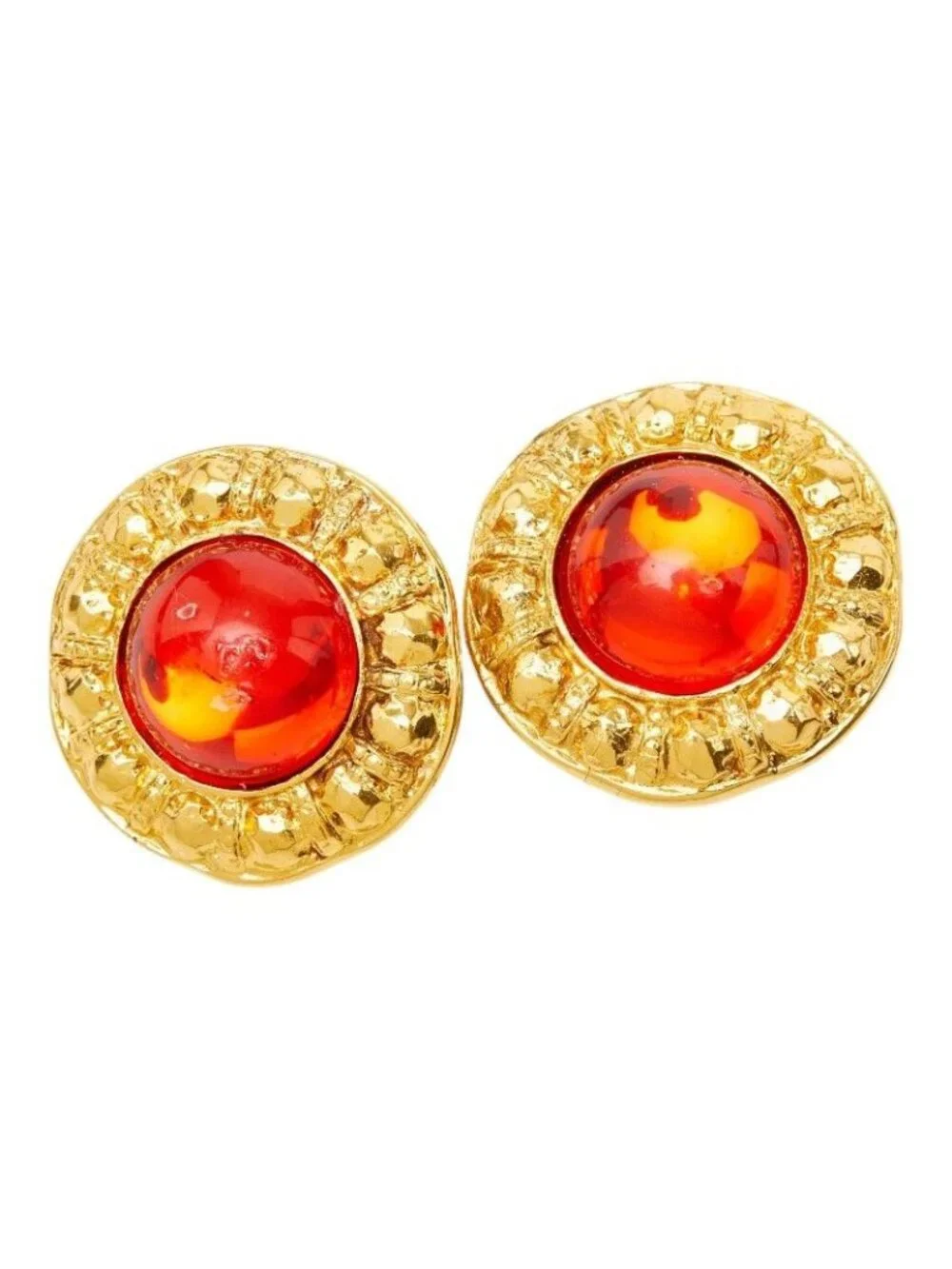 Chanel CC Logo Gripoix Vintage Round Earrings Gold Red Plated Glass